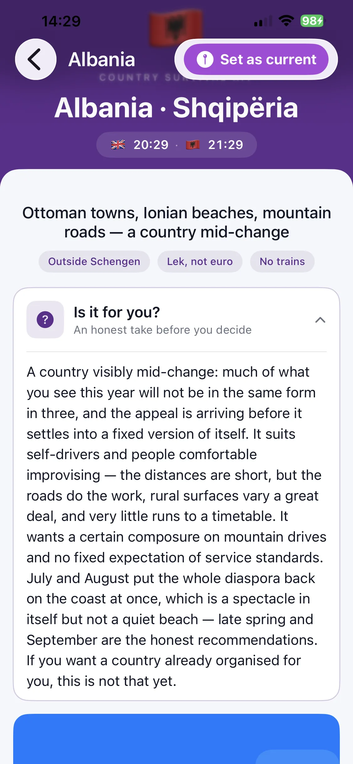 The 'Is it for you?' assessment for Albania in Country Survival Kit — an honest paragraph explaining it suits self-drivers comfortable improvising, warns the roads and timetables are unpredictable, and ends: if you want a country already organised for you, this is not that yet