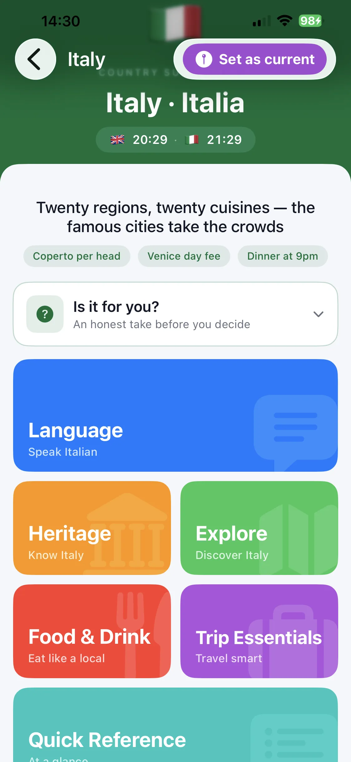 The Italy country page in Country Survival Kit, showing its honest one-line take, three fact chips, and the six sections: Language, Heritage, Explore, Food & Drink, Trip Essentials and Quick Reference