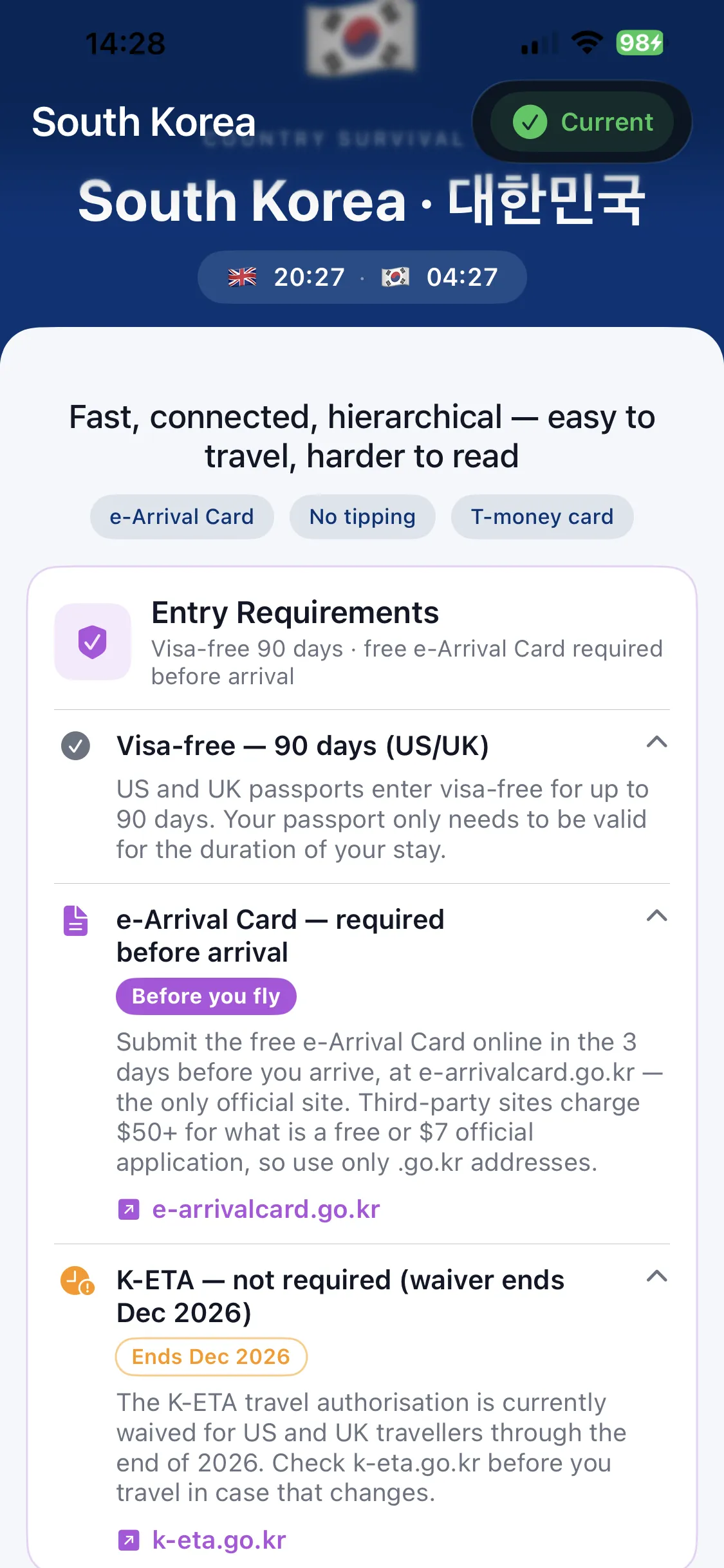 The South Korea entry requirements in Country Survival Kit: visa-free 90 days, the e-Arrival Card requirement with the official e-arrivalcard.go.kr link and a warning that third-party sites charge $50 for the free application, and the K-ETA waiver with its end date