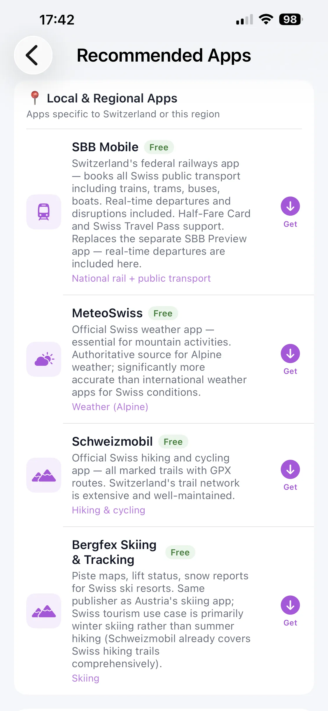 Recommended Apps for Switzerland in Country Survival Kit — a curated list of local apps, each with an honest verdict: SBB Mobile for national rail and public transport, MeteoSwiss for accurate Alpine weather, Schweizmobil for marked hiking and cycling trails, and Bergfex for skiing