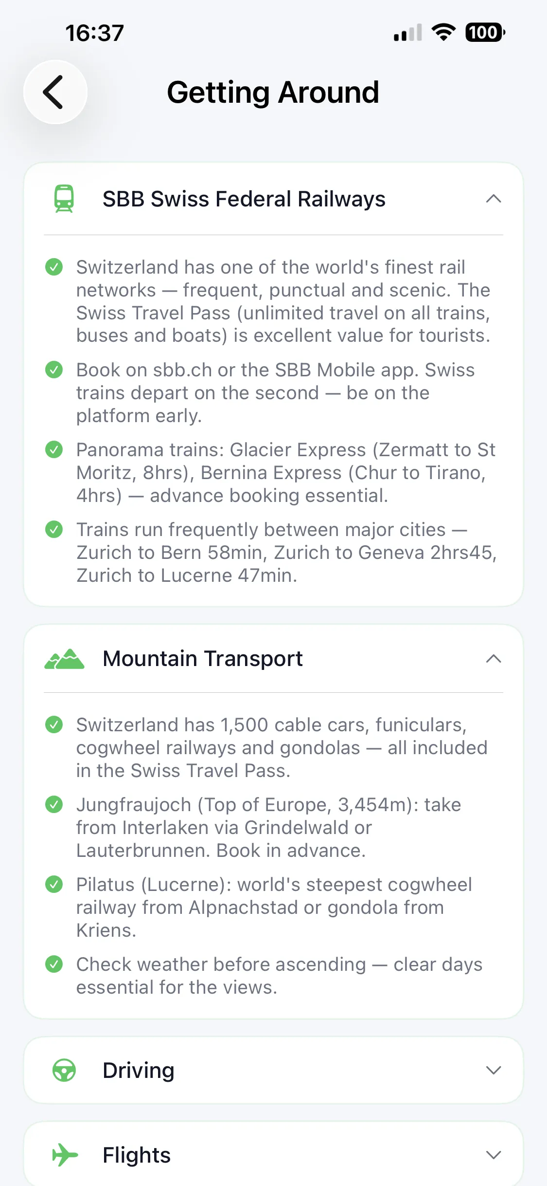 Getting Around in Country Survival Kit — Switzerland transport: SBB federal railways and mountain cable cars and cogwheel railways, with journey times and the Swiss Travel Pass