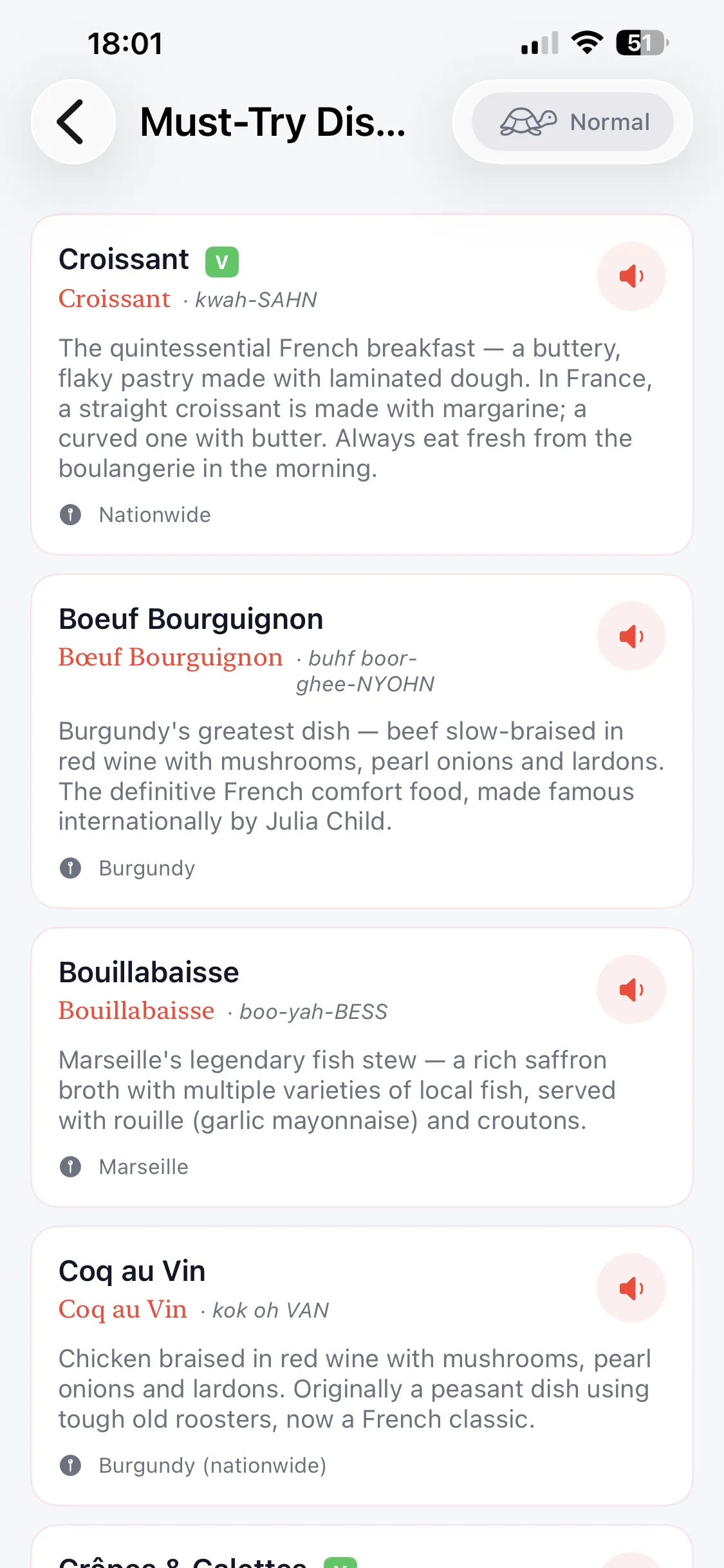 Must-Try Dishes in Country Survival Kit — French dishes with native names, phonetic pronunciation, audio playback and vegetarian markers