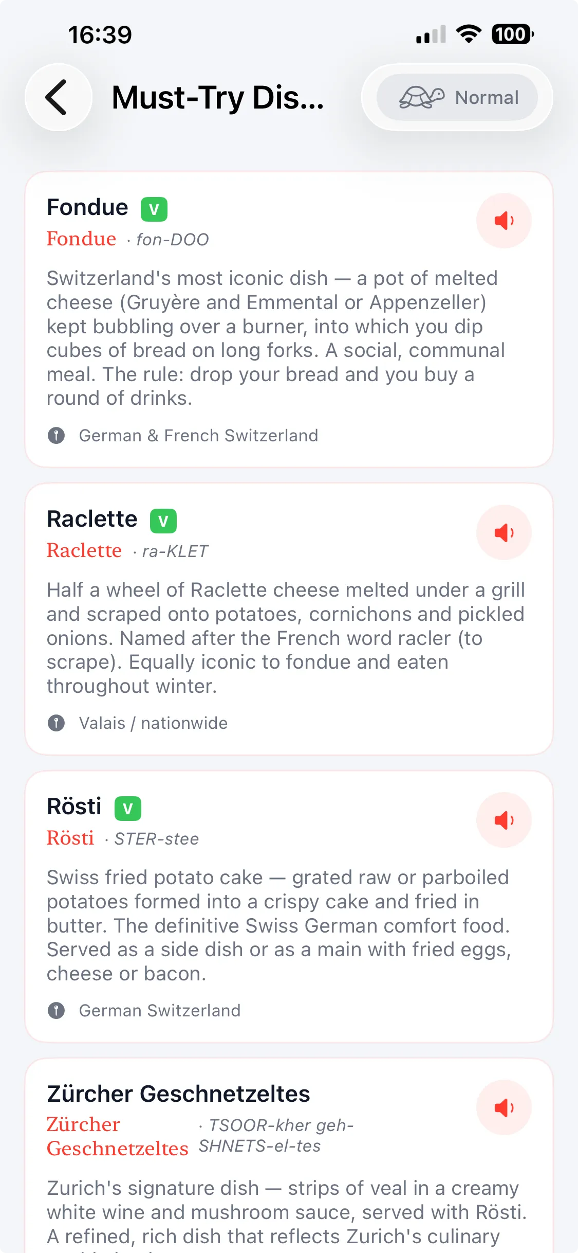 Must-Try Dishes in Country Survival Kit — Swiss dishes such as fondue, raclette and rösti, with native names, phonetic pronunciation, audio playback and vegetarian markers