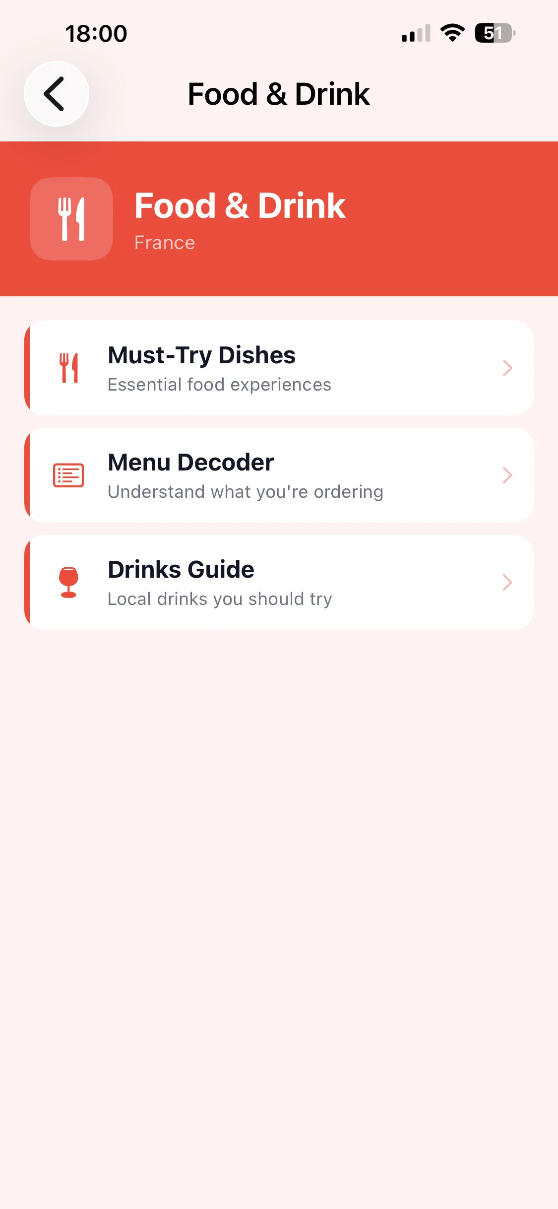 The Food & Drink section for France in Country Survival Kit — eat like a local
