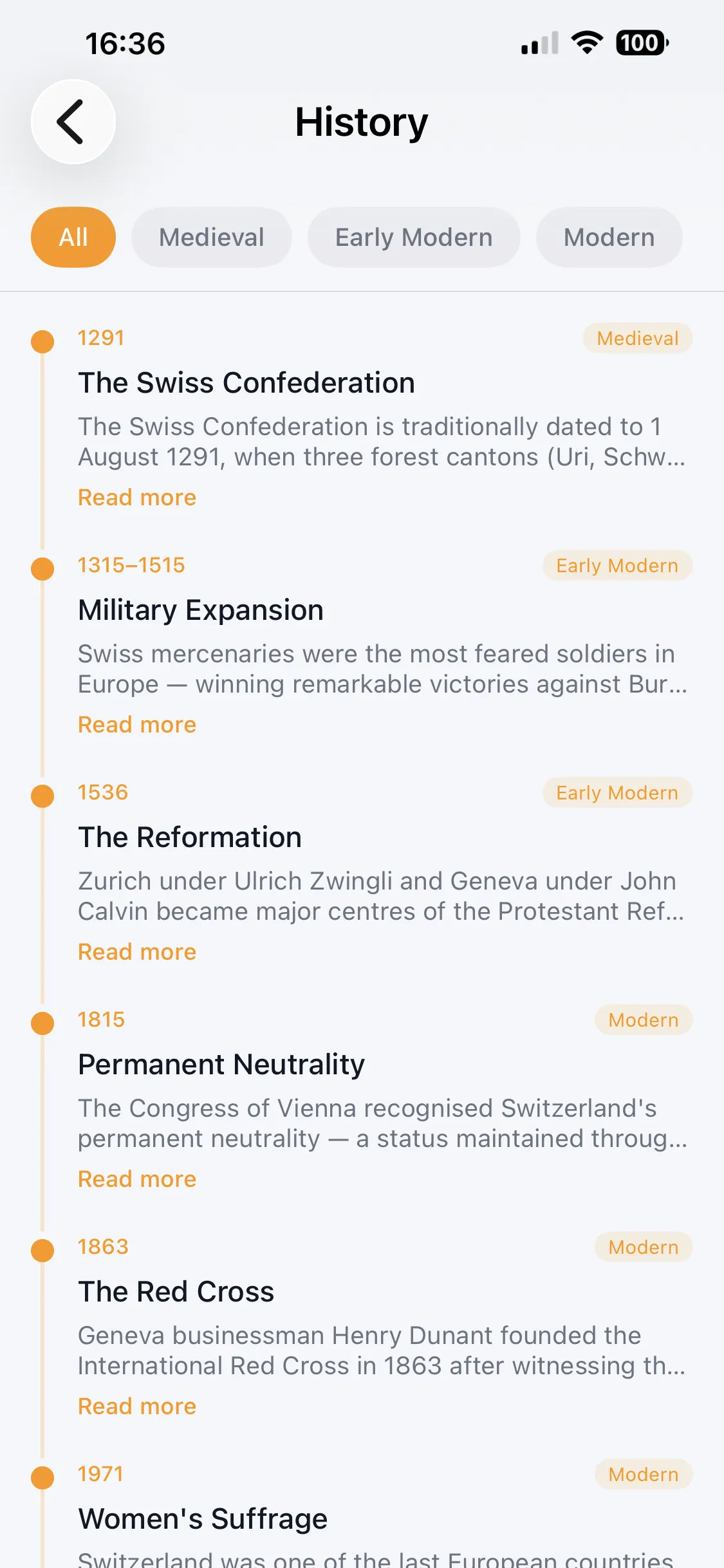 History in Country Survival Kit — an illustrated timeline of Switzerland from the 1291 Confederation to permanent neutrality and the Red Cross, each era tagged and summarised