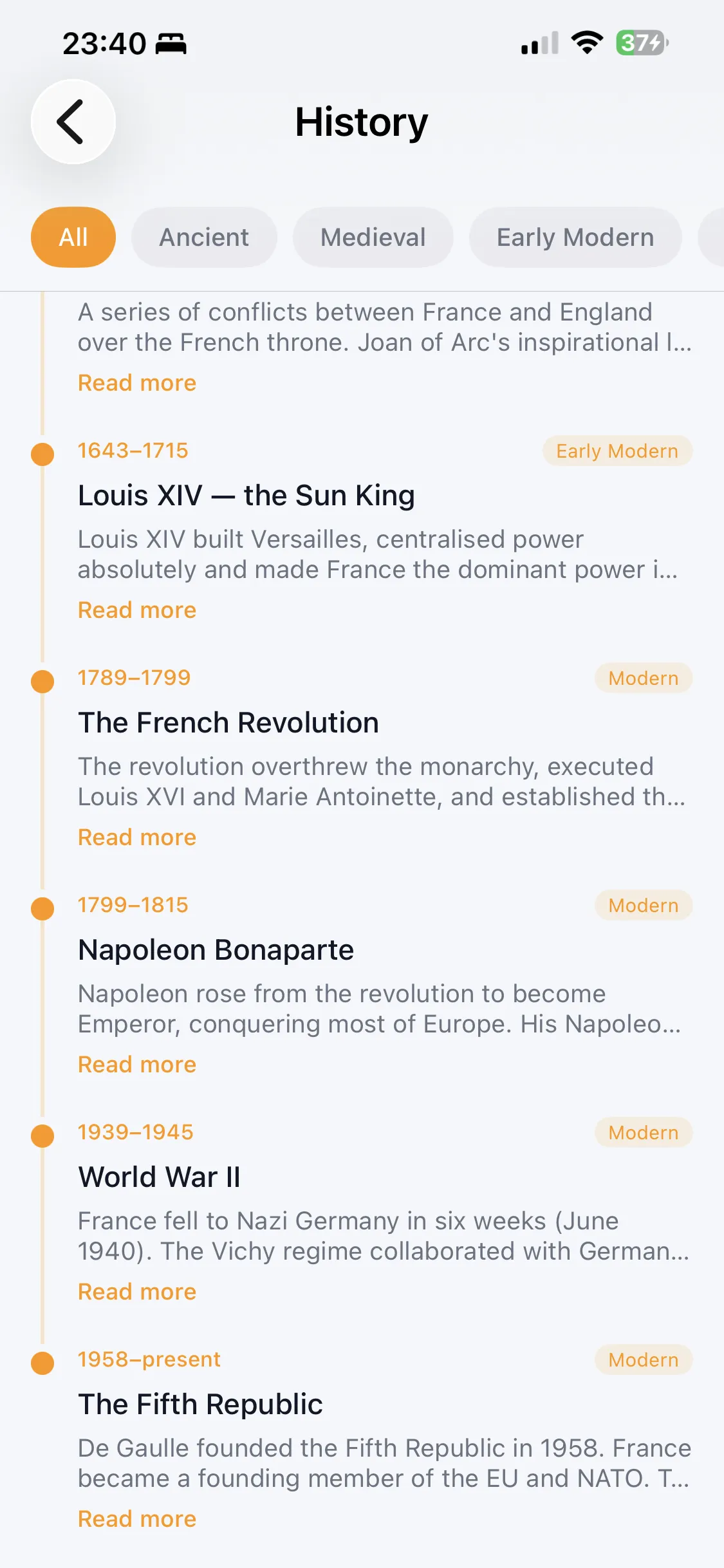 History in Country Survival Kit — an illustrated timeline of France from the Sun King to the Fifth Republic, each era tagged and summarised
