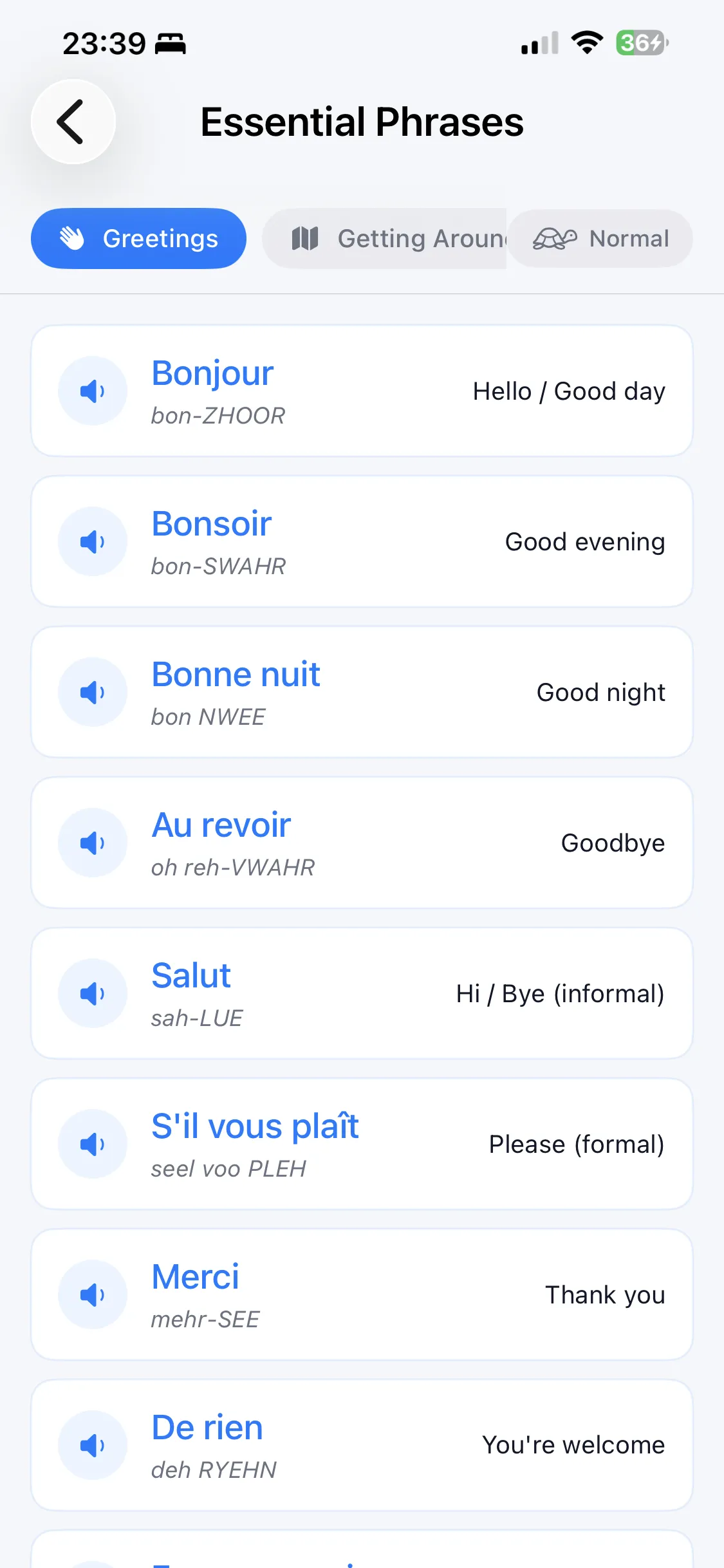 Essential Phrases in Country Survival Kit — French greetings with phonetic pronunciation, English translation and an audio button on each