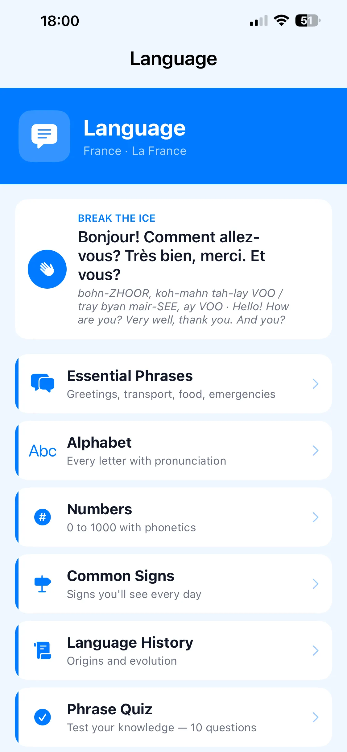 The Language section for France in Country Survival Kit — speak the language