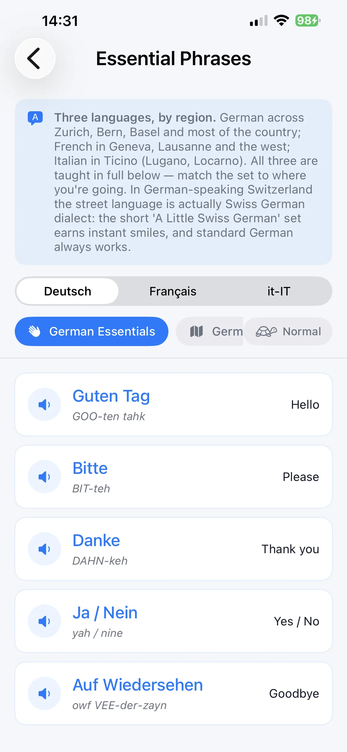 Essential Phrases in Country Survival Kit — Switzerland's three languages with a German, French and Italian selector, each phrase showing phonetic pronunciation, English translation and an audio button