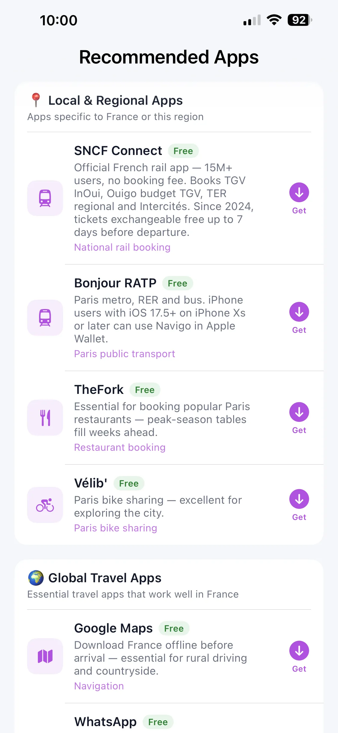 The Recommended Apps screen in Country Survival Kit, listing curated local and global travel apps for France with a short verdict on each
