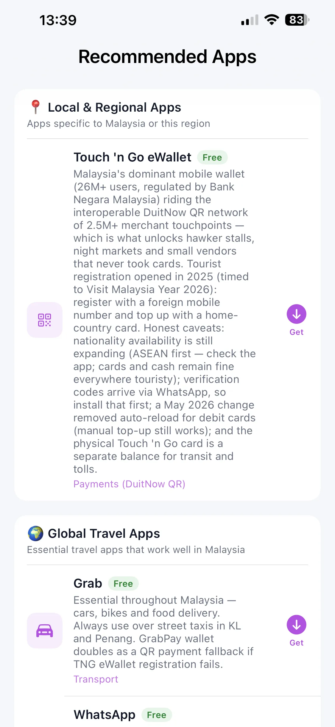 The Recommended Apps screen in Country Survival Kit, listing curated local and global travel apps for Malaysia — Touch 'n Go, Grab and others — with a short verdict on each