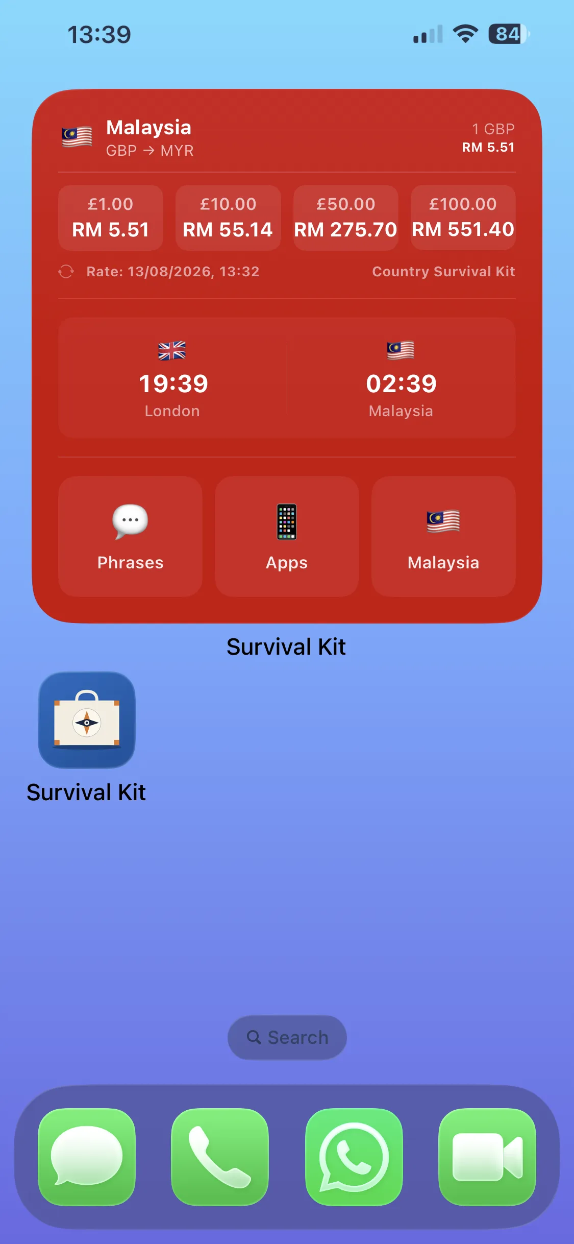 The Country Survival Kit widget on an iPhone home screen, showing the live pound-to-ringgit rate, a conversion table, clocks for home and Kuala Lumpur, and shortcuts to phrases, apps and the country page