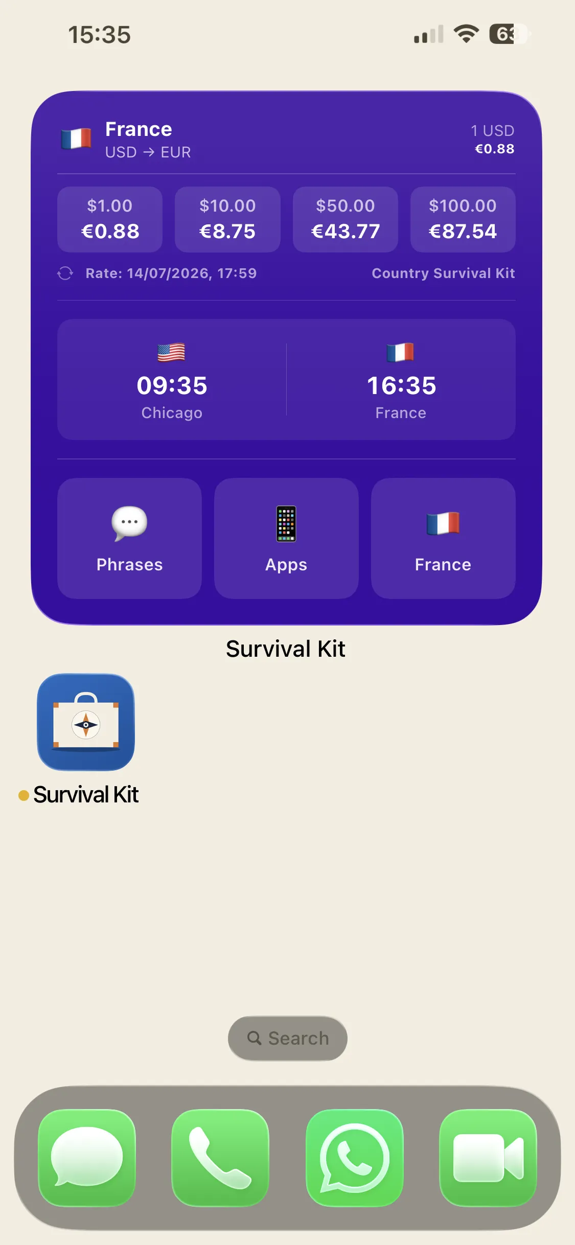 The Country Survival Kit widget on an iPhone home screen, showing the live dollar-to-euro rate, a conversion table, clocks for home and France, and shortcuts to phrases, apps and the country page